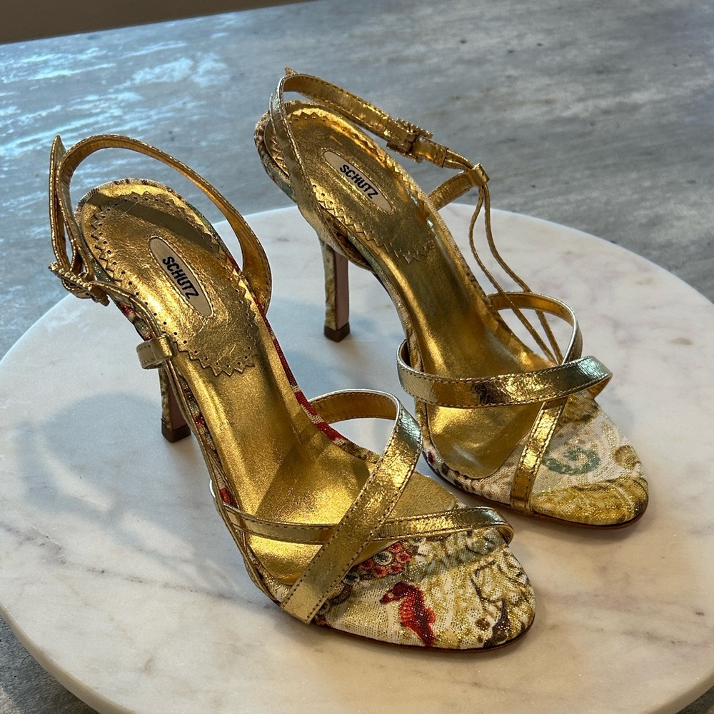 SCHUTZ Gold and Floral Heels